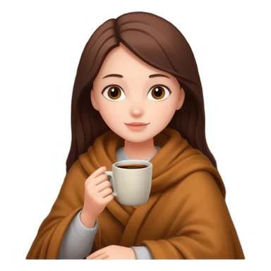 Girl cozy by the fire with brown blanket and coffee sticker