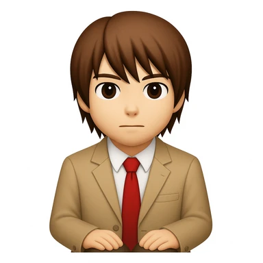 Create an image of Light Yagami from Death Note in the style of apple emojis. He has brown hair and is wearing a school uniform. He is sitting with his hands on his lap and has a neutral expression. sticker