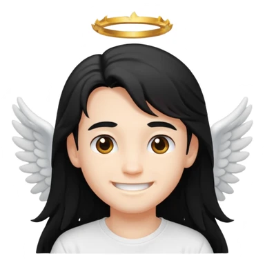 angelic boy with long black hair and a white t-shirt, smiling sticker
