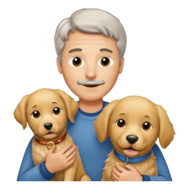 Italian man without any moustache with salt and pepper hair holding a golden retriever and a labrador  dog sticker