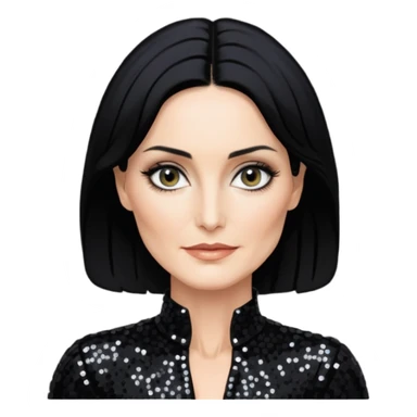 Carrie-Anne Moss with black hair, black sequin outfit sticker