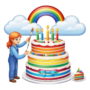 artist painting rainbow birthday cake with clouds landscape  sticker