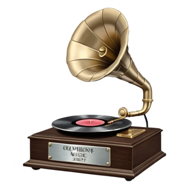 A platinum music award plaque: a square, polished platinum plate with a subtly textured, mirror-like finish, mounted on a simple dark wood base. The center features a relief of a vintage gramophone or stylized vinyl record in a slightly darker metallic tone.  sticker