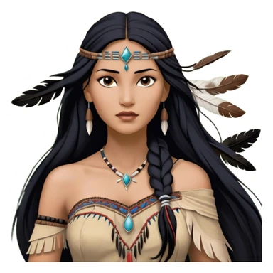 Cinematic Realistic Pocahontas Portrait, depicted with lifelike skin texture, soft natural lighting, and intricately detailed long, flowing raven-black hair that moves gracefully in the wind. Her deep, soulful dark brown eyes exude wisdom and strength, complemented by a serene yet powerful expression. She is dressed in her classic one-shoulder native american dress, with rich fabric textures and delicate beaded details that catch the light beautifully. The portrait features a soft, sun-kissed glow with a natural, radiant finish, capturing the essence of untamed beauty and deep connection to nature in a realistic and painterly style, evoking a sense of depth and authenticity. sticker