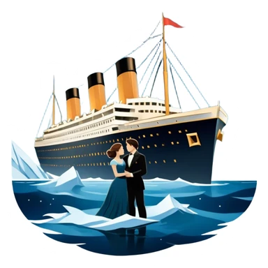 Icon for Titanic Movie: A vintage movie poster-style design featuring a dramatic scene of the ship, the iceberg, and a romantic silhouette of the main couple. Include elements like the ship’s bow, water splashes, and a starry sky in the background. Retro cinematic feel. Transparent background. sticker