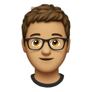 brown hair guy wearing glasses and dark t-shirt with flowers print sticker