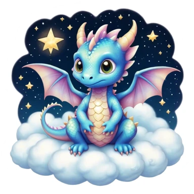 Airbrush painted image of an adorable little baby dragon with large glistening eyes sitting on a cloud under a deep galactic sky with pearlescent scales and wings spread against the stars sticker