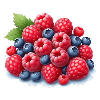 small mix of whole frozen berries including raspberries, strawberries, blueberries, redcurrants, coated with a light frost layer, slightly muted colors and icy sparkle, loosely clustered or lightly scattered, no bag, bowl, or garnish, just the fruits, soft lighting, subtle shadows, emoji scale sticker