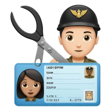 Floating black Scissors cutting in half an idf soldier ID card with a little chip in 2 parts sticker