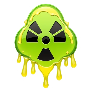 radioactive hazard symbol stylized to look like it is melting. The symbol is bright neon green and toxic yellow, with smooth dripping edges like liquid. sticker