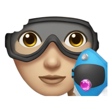 woman large brown and straight hair, pink diving mask with a single crystal. blue eyes, black scubadiving gear sticker
