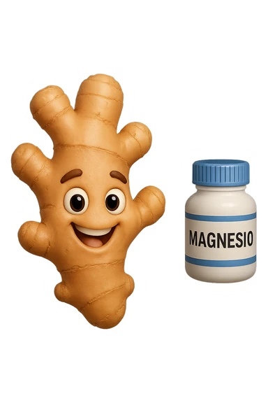 emoji stile iphone 3d di un pezzetto di zenzero e una boccetta di magnesio con la scritta "MAGNESIO" SULL'ETICHETTA CHE FLUTTUANO IN ARIA, iperrealistico 4k sticker