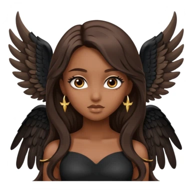 A girl has brown eyes with smoky eyes, brown long glam hair, wearing big black angel wings sticker