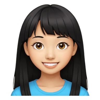 20 yr old asian woman hair  center part big eyes big smile tanned skin straight black hair center part hair long bangs sticker