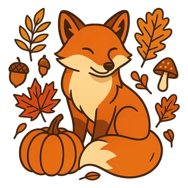 t-shirt design, vector illustration of a fox surrounded by autumn elements (fallen leaves, acorns, mushrooms, pumpkins), warm autumn color palette (orange, red, yellow, brown), clean bold lines, detailed but stylized, centered composition, no background, isolated graphic, modern flat style sticker