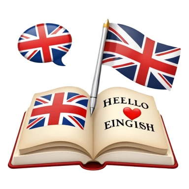 An icon featuring an open book with English words and phrases, a speech bubble with 'hello', and a British flag. The design includes a pen, alphabet letters, and grammar symbols, symbolizing the study and mastery of the English language. Transparent background. sticker