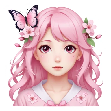 A Gorgeous Beautiful Anime Lady Sakura Cherry Blossom and Pretty Hair, pastelcore aesthetic, pastel pink and white, butterfly, Fairycore sticker