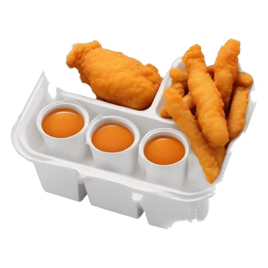 3 chicken tenders with crinkle fries and orange sauce on the side in a styrofoam container styrofoam container sticker