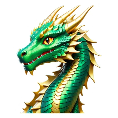 Cinematic Noble Dragon Portrait Emoji, Poised and majestic, with a sinuous, elongated build and shimmering, scale-covered skin in hues of emerald and gold, piercing, fiery eyes, Simplified yet sharp and sophisticated features, highly detailed, glowing with a mystical, radiant glow, high shine, intelligent and formidable, stylized with an air of ancient power, focused and attentive, soft glowing outline, capturing the essence of a watchful and legendary dragon that feels as though it could soar out of the screen with effortless authority! sticker