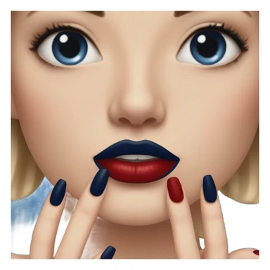 long dark blue manicure at the mouth with red lipstick sticker