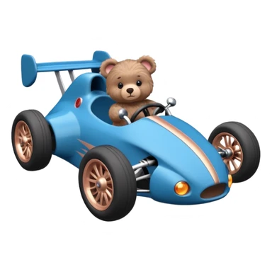 dark crystal blue and rosegold-accented rc racing car driven by a small cute fearless teddy baby bear with rear spoiler, roll bar, and wheely bar sticker