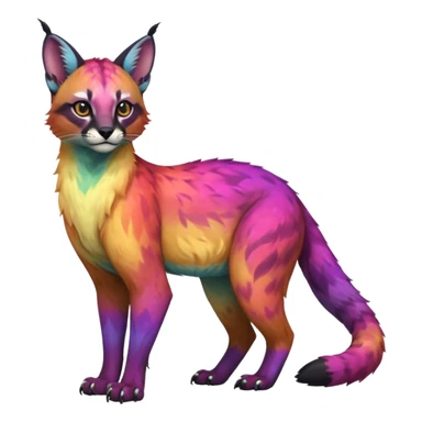 Realistic Colorful pale nebula gradients-colored randomly-colored fruity glorious exotic neon vibrant zigzagged fantasy-caracal-civet-genet-sergal-vernid-Gryphon-Cacomistle-Trico-oncilla-animal-Fakémon-hybrid-fursona (full body), facial markings, (realism style) sticker