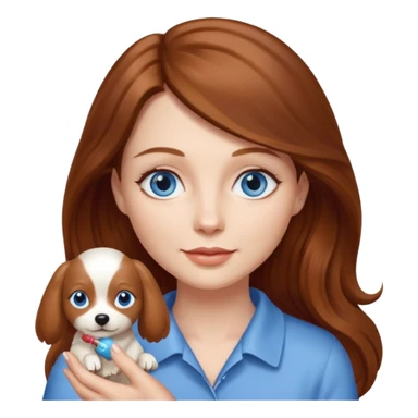 long hair chestnut color blue eyes woman holding small cream dog sticker