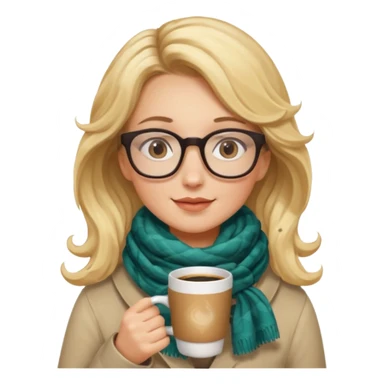 a girl drink with blonde wavy hair, wearing glasses, having scarf, drink coffee sticker