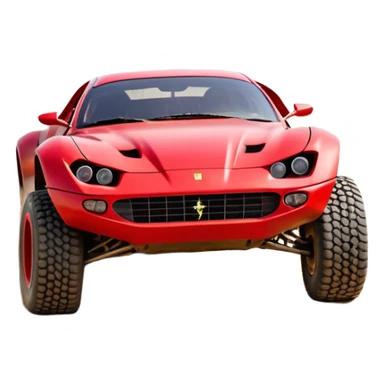 Satan’s evil Ferrari-colored Dirty and dented Local Motors Rally Fighter off road race car hot rod trophy truck-style basher flying on a dusty road (silver wheels) sticker