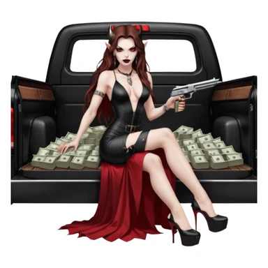Lilith red eye seductress evil long brown haired sexy succubus woman with leather long dress with slit on, sitting in Big Large F350 pickup truck. Wearing super tall black platform high heels, Back seat full of stacks of cash, she is  Holding a human skull of her enemies and a gun in other hand sticker