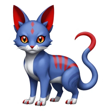 Dark-greyish-blue-grey-black, with red markings, white belly, scaley Bastet-Noibat-Gatomon-Digimon-Fakémon-Pokémon-creature (full body) sticker