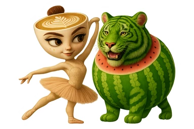 Combine the watermelon tiger character and the ballerina cappuccino character together as a couple, standing close and interacting affectionately. Keep their original styles and details intact. Transparent background. sticker