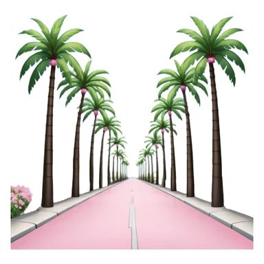 palm tree lined pedestrian pathway with tall green palm trees on both sides, pink flowering bushes, clear blue sky, bright sunny weather with symmetrical perspective view down the road. grey concrete road sticker