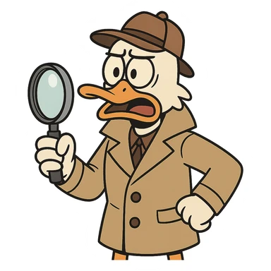 duck detective wearing a trench coat and detective hat holding a magnifying glass with an expressive face in cartoon style sticker
