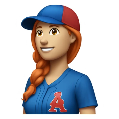 standing up white female coach with red long hair in blue simple t-shirt and with a simple blue baseball hat sticker