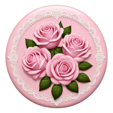 A round pink button with light cream damask lace and pink roses sticker