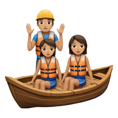 a wood boat upside down, with 2 people sitting on top trying to stay afloat. sticker