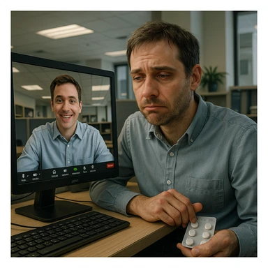 Man in his mid-30s, Zoom call, fake smile, hand under desk clutching caffeine pills, screen reflection reveals exhausted posture, virtual avatar upright and lively, hyperrealistic 4K, office environment sticker