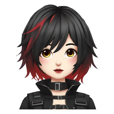 Gorgeous dark techwear anime style lady with blushing face aesthetic and pretty edgy black red punk messy hair with collar and harness trending style sticker