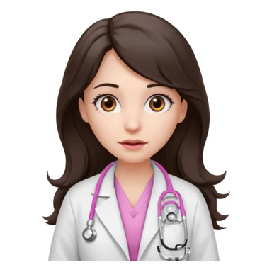 Barbie like emoji of a woman with white skin long wavy dark brown hair, brown eyes wearing a white lab coat and pink stethoscope and with a scared look sticker