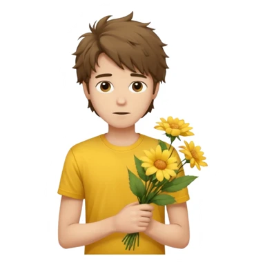 generate an ios genmoji of a 20 year old fair boy with brown long and messy hair with faint stubble. should look like he cant grow a mustache., carrying a flower bouquet, wearing a yellow tshirt, looking shy sticker