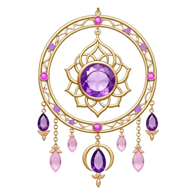 Epic beautiful gorgeous cute gold suncatcher, threads with shiny sparkly amethyst and rose-quartz gemstones, flowers, crescents-moons sticker