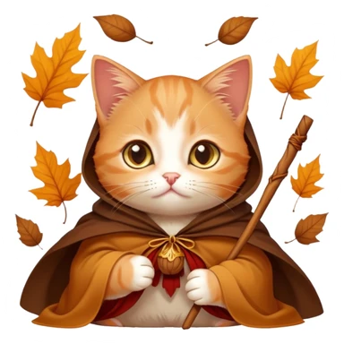 A russet-colored kitten with a cloak, piercing golden eyes, holding a cinnamon stick, surrounded by falling leaves and mystery vibes. sticker