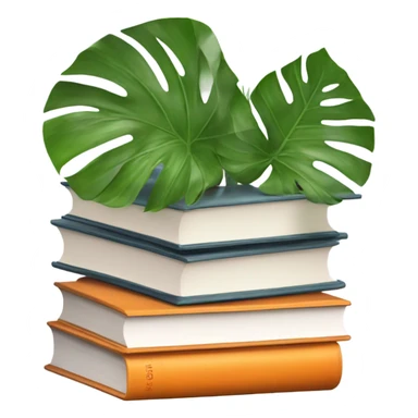 An aesthetically pleasing stack of books with orange covers and behind them a potted monstera  sticker