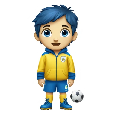 cute little boy with dark blue hair, yellow raincoat, blue muddy boots, blue eyes, white skin, umbrella, playing football, fifa world cup mascot sticker