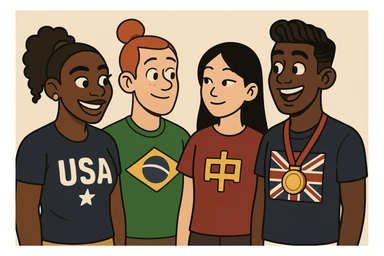 Serena Williams American shirts girl Orange bun hair a Brazil shirts boy brown Chinese shirt Chinese girl black hair United Kingdom shirt Defined Waves hair sports medal  sticker