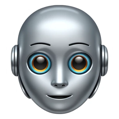 A cute futuristic robot emoji made of silver chrome, rounded friendly body, minimal facial features, glossy metallic surface, soft reflections, iOS emoji style, centered, clean white background sticker