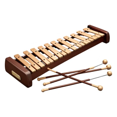 Create a detailed and professional emoji representing a Fleet FLT-SX37 orchestral wooden xylophone. The design should showcase the large, wooden bars of the xylophone arranged in a traditional layout, with a polished, smooth finish. The bars should be dark brown or mahogany, with soft metallic reflections on the resonators underneath. Include two mallets with rubber or wooden heads resting on the bars, emphasizing their role in striking the notes. The xylophone should have a sophisticated and professional appearance, with clean lines and a polished look. Add subtle musical notes or sound waves to represent the vibrant sound produced by the instrument. The background should be transparent. sticker