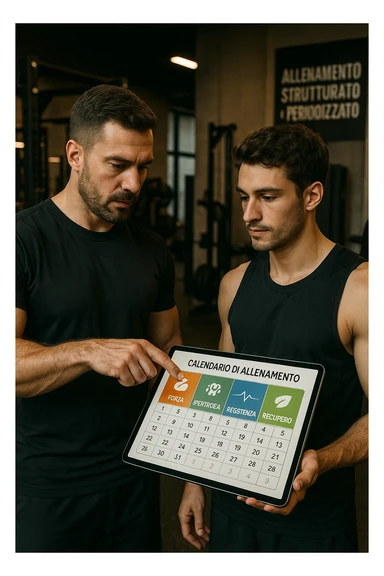 realistic cinematic photo a personal trainer and a client stand in a modern gym, reviewing a large, color-coded training calendario or chart on a tablet. The calendario shows different phases (Forza, Ipertrofia, Resistenza, Recupero) with icons and dates. Around them, gym equipment and motivational posters reinforce the idea of structured, periodized training. in italiano sticker