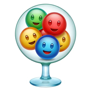 Cute 3D cartoon emoji style sticker of a 3 glass and ball game, glossy plastic texture, soft lighting, smooth shadows, playful expression, high detail, white outline sticker, transparent background (glass color green, red, & blue) sticker